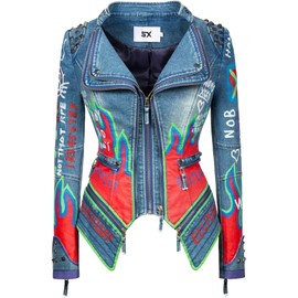 Fashionable SX women's punk flower embroidered short synthetic leather jacket hand-painted motorcycle denim jacket （Blue-XL)
