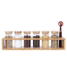 KKC HOME ACCENTS Glass Spice Jars set of 6 with Rack and Spoon,Sealed Glass Spice Containers with Rack for Kitchen Countertop,Counter Spice Rack Organizer and Spice Jars Bamboo Lids, 3.4 Fluid-oz