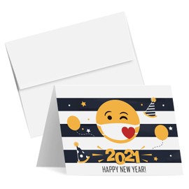 2022 Have A Happy New Year Cards Holiday Mask Love Greetings– Blank Fold Over Card Stock & Envelopes, Funny and Cute Emoji | 4.25 x 5.5” When Folded (A2 Size) | Bulk Set of 25 Cards and 25 Envelopes