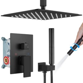 gotonovo Ceiling Mount Shower Faucet Set Matte Black 12 Inch Square Showerhead Bathroom Rainfall Shower System Stainless Steel Shower Trim Kit 2 in 1 Cylindrical Handheld shower with Rough-in Valve