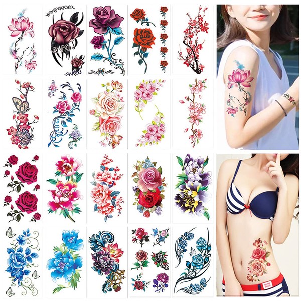 RICISUNG Tattoo Seal, Body Seal, Large Size Flower, 3D, Women's, Long Lasting, Waterproof, Easy to Apply, Cute, Stylish, Set of 20, Multicolour-1, 2.8 x 2.8 inches (7 x 5 cm)