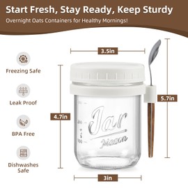 LANDNEOO 6 Pack Overnight Oats Containers with Lids and Spoons, 16 oz Glass Mason Overnight Oats Jars, Large Capacity Airtight Jars for Milk, Cereal, Fruit(White)