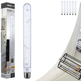 Satco S11523 LED Bulb, 6W (40W Eq), T9 Vintage Style, Flex Gray Straight Filament, 2700K Warm White, E26 Medium Base, Dimmable, Clear Glass, 500 Lumens, 120V, Enclosed Rated (6 Pack)