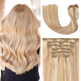 UGOTRAYS Clip in Hair Extensions Real Human Hair Strawberry Blonde to Bleach Blonde Human Hair Extensions 15 Inch Straight Double Weft Remy Hair Clip in Human Hair 70g 7pcs #12p613