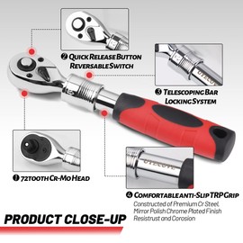 UYECOVE 3-Piece Extendable Ratchet Set, 1/4 3/8 1/2 Inch Extendable Socket Wrench, Ratchet Wrenches Set 72-Tooth Quick-Release, Soft Grip Handle with Storage Tray