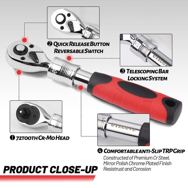UYECOVE 3-Piece Extendable Ratchet Set, 1/4 3/8 1/2 Inch Extendable