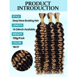 Ombre Honey Blonde Human Braiding Hair for Boho Braids 100g 3 Bundles/Pack 14 Inch Curly Boho Hair for Braiding Knotless 12A Deep Wave Bulk Bohemian Color P1B/27