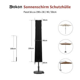 Dokon Parasol Protective Cover, Waterproof, Garden Umbrella Cover for Diameter 2 m / 3 m, Winterproof Anti-UV Parasol Cover with Pole, Cover for Market Umbrella / Balcony Umbrella - 190 x 30/40/50 cm