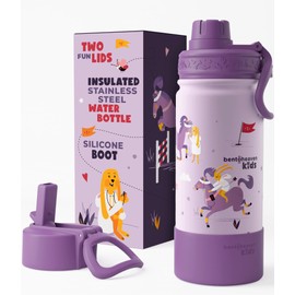 Bentoheaven Kids Water Bottle Stainless Steel for Boys & Girls, 2 Lids (Chug & Straw), Handle & Silicone Boot, Reusable Metal Leak-proof Insulated Tumbler, School & Sports 17oz (Purple)