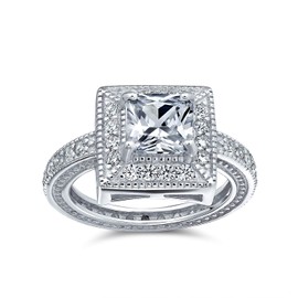 Bling Jewelry Silver Vintage Style Asscher Cut CZ Milgrain Engagement Ring