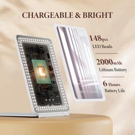 Zemmys Travel Makeup Mirror with Time & Temperature Display, 2000mAh Rechargeable Battery, 7.5" Portable Foldable Lighted Mirror with 148 Led Lights, 3 Color Lighting Modes-A5