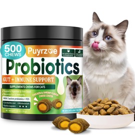 Puyrzoe 500 Cat Probiotics & FOS Chews - Prebiotics for Gut Support, Crunchy & Creamy Cheese Core, Cats Kittens Daily Probiotics Chews for Digestive & Gut Health & Nutrient Absorption - Chicken Shrimp