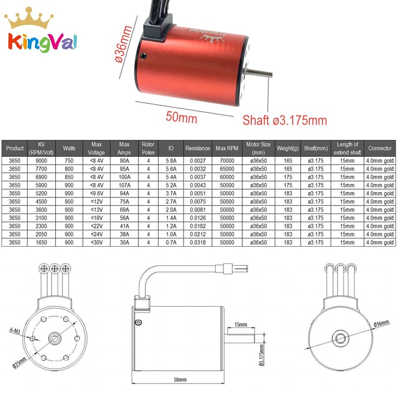 KingVal Replacement 3650 5200KV Waterproof Brushless Motor Shaft 3.175mm Compatible
