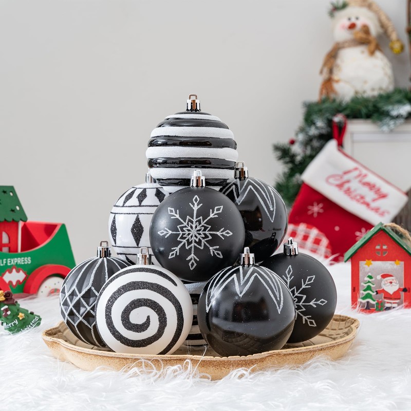 FlameFlash 3.15" Black & White Christmas Ornaments, 16PCS Shatterproof Modern