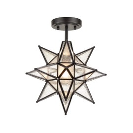 HYDELITE Moravian Star Light Semi Flush Mount Ceiling Light Fixture with Seeded Glass | Shade Black Metal Finish| 13 Inches | Entryway, Hallway, Bedroom, Kitchen Art Deco Lights