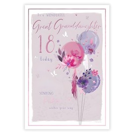Great Granddaughter 18th Birthday Card for Her - Age 18 - Floral Balloons and Butterflies - Special Finishes and Illustrated Insert Leaf - Made in the UK - Eco-Friendly