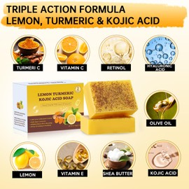 Urrznp Kojic Acid Soap, Natural Lemon Turmeric Soap Bar with Vitamin C for Dry Sensitive Skin, Turmeric Soap for Face, Body Hands 2 Bars