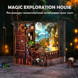 Souvik Kit Book Nook Miniaturen zum Bau von Booknook, 3D-Puzzle aus Holz mit LED-Lichtern, Dekoration für Bücherregal und Haus, Diorama Buchstützen Modellbau für Erwachsene (Magic Exploration House)
