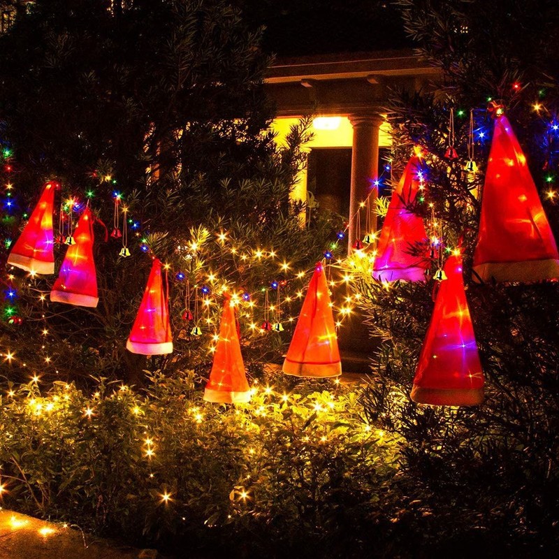 Hanging Lighted Glowing Santa Hats with Bells Battery Powered Fairy