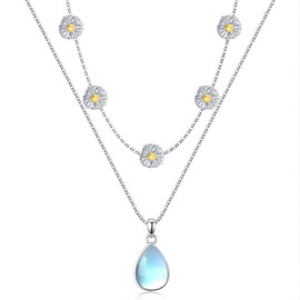 OUTANG Daisy Layered Necklace for Women 925 Sterling Silver Moonstone Daisy Flower Pendant Ladies Jewelry Gifts
