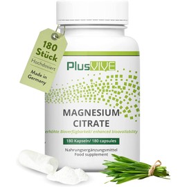 PlusVive - Magnesium citrate capsules - high dose with 750 mg magnesium citrate per capsule - 180 vegan capsules - made in Germany