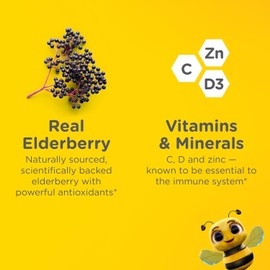 Zarbee's No Sugar Coating Elderberry Gummies for Kids, Daily Immune Support* Gummies with Vitamins C, D3 & Zinc to Support a Healthy Immune System*, No