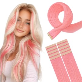 HOTBANANA Tape in Hair Extensions, 24 Inch 10pcs 30g Peach Pink Tape in Real Remy Human Hair Extensions Straight Colored