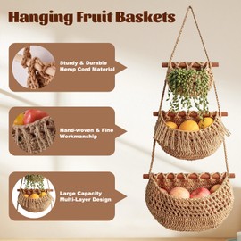 Felenny 3 Tier Hanging Fruit Basket Handmade Woven Jute Hanging Wall Basket Vegetable Fruit Hanger Basket Over the Door Organizer for Kitchen Bedroom