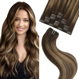 FUBILI Clip in Hair Extensions Balayage Chocolate Brown to Caramel Blonde 7pcs 75g 16inch Remy Human Hair Extensions Ombre Real Hair Extensions Double Weft Straight Thick