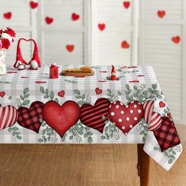 Horaldaily Valentine Tablecloth 60×104 Inch Rectangle, Buffalo Plaid Red Love Hearts Washable Table Cover for Party Picnic Dinner Decor