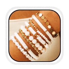 GORTIN Clay Bead Bracelets for Women White Stretch Friendship Bracelets Stackable Surfer Heishi Bracelet (J-White-8 PCS, Free size)