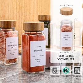 DIMBRAH Spice Jars with Label-4oz 36Pcs, Glass Spice Jars with Bamboo Lids, Container Set with White Printed Labels,Kitchen Empty Jars with Shaker Lids