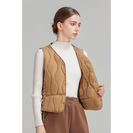 CLARKE QUEEN Quilted Puffer Vest women lightweight Fall Spring Jacket 2025 Button Padded Gilet (US, Alpha, 7X-Large, Regular, Regular, Khaki)