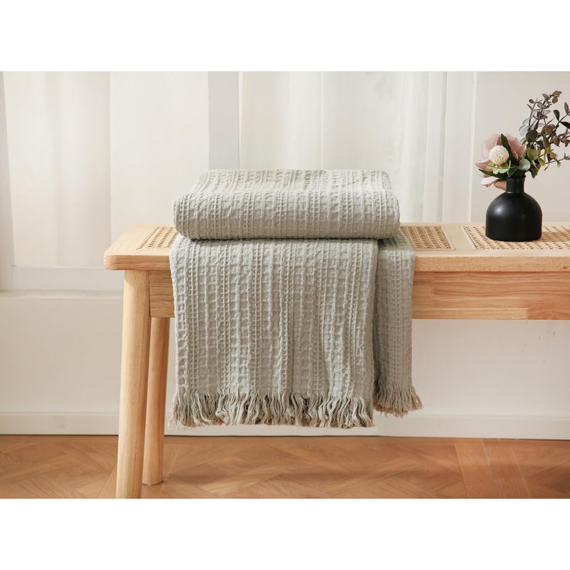 Coastline 100% Cotton Waffle Weave Blanket Throw with Fringe,Pre-Washed Soft