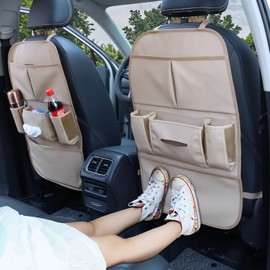 pefirst Car Backseat Organizer for Kids, Car Back Seat Storage Bag With 3 Pockets, 2 Drinks Holders, Water Resistant, Kids Toy Storage Kick Mat Back Seat Protector for Toddlers (Beige 1-Pack)