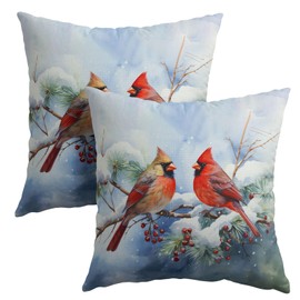 Anyako Winter Snow Red Cardinal Bird Pillow Covers 18X18 Inch Set of 2 Holly Berry Branches Decorative Throw Pillow Covers Cotton Linen Christmas Cushion Cover for Sofa Bedroom Living Room