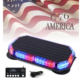 Xprite Red Blue Rooftop Emergency Strobe Light Bar, US Flag Beacon Safety Flashing Police Lights w/Control Panel Magnetic Base for Police Law Enforcement POV Vehicles Trucks