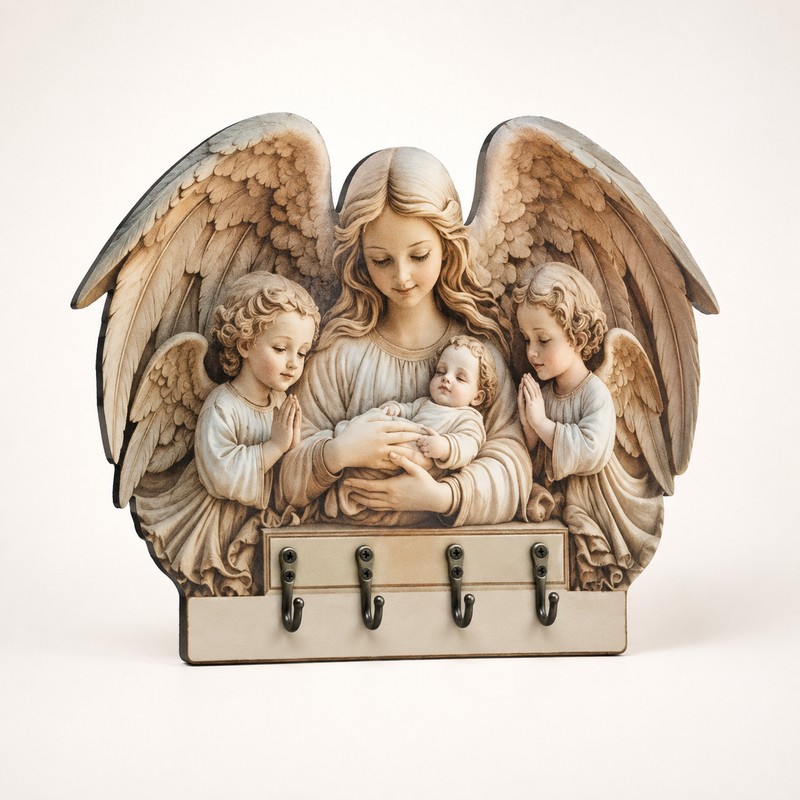 Wooden Key Holder for Entryway – Guardian Angel Wall Décor