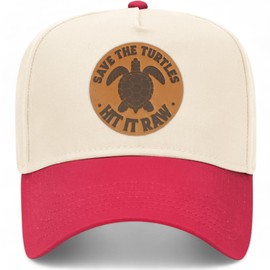 Save The Turtles Leather Patch Vintage Trucker Hat | Premium Snapback Hat for Men & Women (US, Alpha, One Size, Red/Natural)