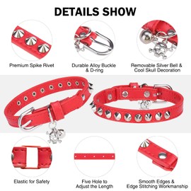 DILLYBUD Leather Cat Collar with Safety Elastic Belt and Bell for Girls and Boys, Red, 20-30 cm