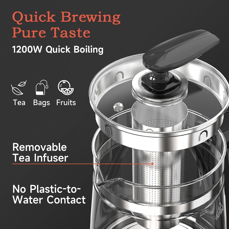 ICOOKPOT Hot Tea Maker Glass Electric Kettle with Infuser and