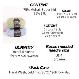 Mohair and Silk Yarn Drops Kid Silk, 0 or Lace, 2 Ply, 25.5 g, 230 yards per ball (41 powders)