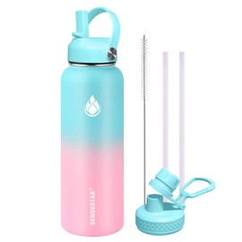 SENDESTAR Water Bottle 32oz Double Wall Vacuum Insulated Leak Proof Stainless Steel Sports Water Bottle—Wide Mouth with New Flex Straw Lid & Spout Lid (Bubble Gum)