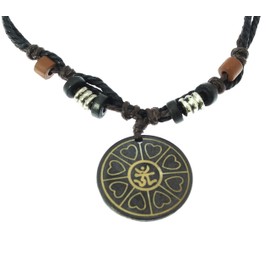 Surfer Cord Necklace with AUM OHM OM Carved Bone Pendant - Fully Adjustable - Black & Brown Cord