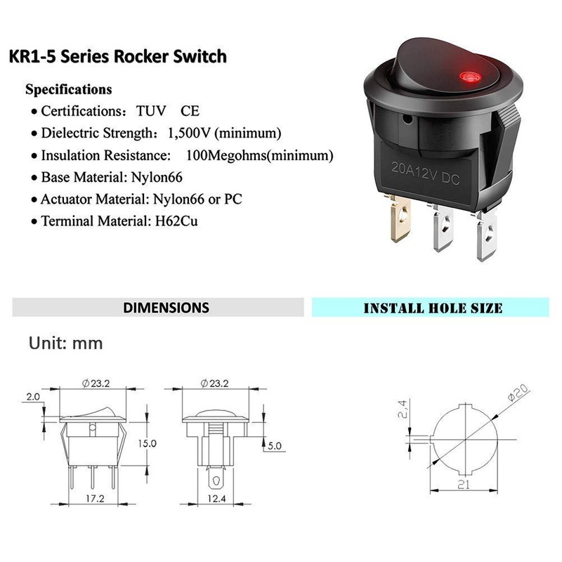 CESFONJER 12V 20A Auto Rocker Waterproof Toggle Switch LED Lighting