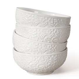 Artena Ceramic Cereal Bowls 26 oz, Embossment Soup Bowls Set of 4, White Salad Bowls for Kitchen, 6 inch Dinner Bowls for Breakfast, Oatmeal, Rice, Pasta, Dishwasher Microwave Safe Bowls (Floral)