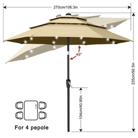 ABCCANOPY 3-Tiers 9FT Solar Patio Umbrella, Outdoor Umbrella with 32 LED Lights for for Deck, Pool, Garden, Backyard (Khaki)