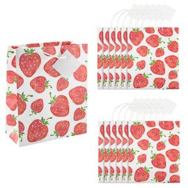 7 1/4" x 9" Medium Strawberry Gift Bags with Tags - 12 Pieces