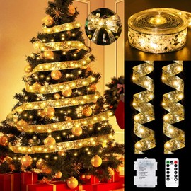 btfarm 12M 120LED Christmas Ribbon Fairy Lights with Remote, Christmas Tree Lights 8 Modes Waterproof Copper Wire Fairy Lights for Christmas Tree Decoration, Indoor, Bedroom,Yellow Ribbon Warm White