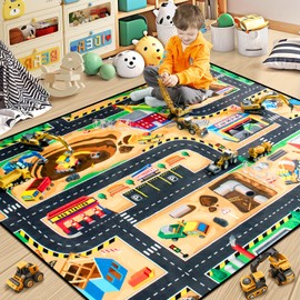Diysani Kids 5x7 Ft Construction Site Play Rug, Baby Play Mat, Tufted Wool & Rubber, Non-Slip, Stain & Fade Resistant, Machine Washable, Rustic Cartoon Construction Site Pattern